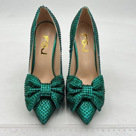 FSJ Green Pointed Toe Rhinestone High Heel Wedding Pump Sexy Bowknot Dress Shoe - Picture 3 of 8